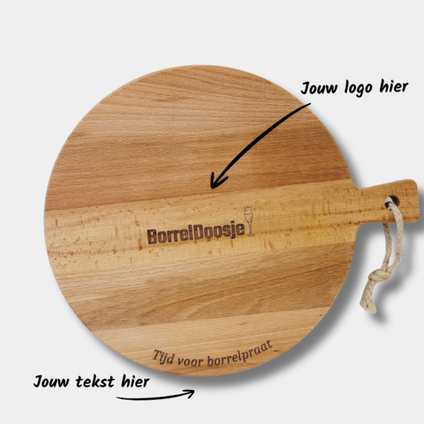 Borrelplank graveren - Gratis logo en tekst - Rond - 33cm x 20cm - Beukenhout